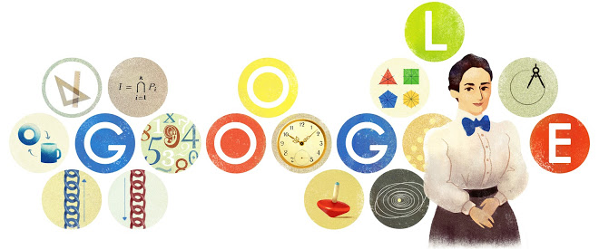 From left to right, you can see topology (the donut and coffee mug), ascending/descending chains, Noetherian rings (represented in the doodle by the Lasker-Noether theorem), time, group theory, conservation of angular momentum, and continuous symmetries–and the list keeps going on and on from there!